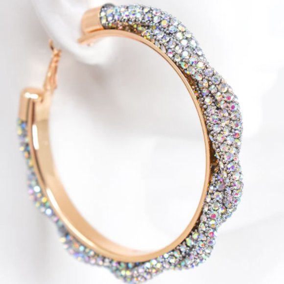 3" Boho Braid Twist AB Rhinestone Hoop Earrings - Picture 9 of 11
